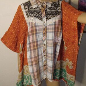 Kantha Cowgirl Tunic 2XL & Under Lace Heart Trim Plaid Upcycled Boho Western